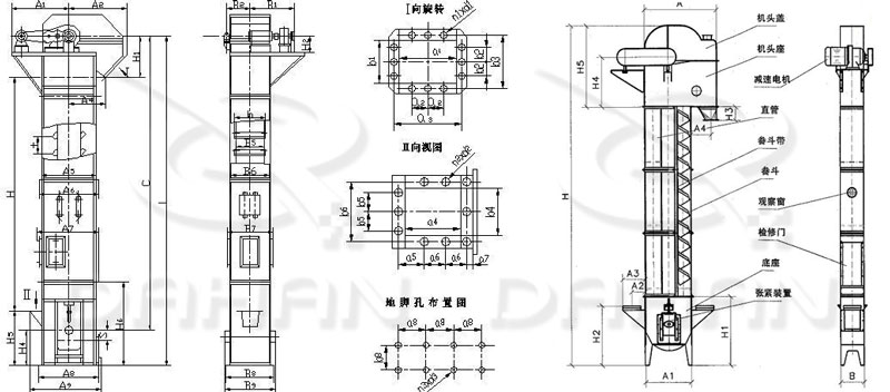 TD/D型斗式提升機(jī)基本結(jié)構(gòu):機(jī)頭蓋，機(jī)頭座，減速電機(jī)，直管，底座，緊張裝置等。