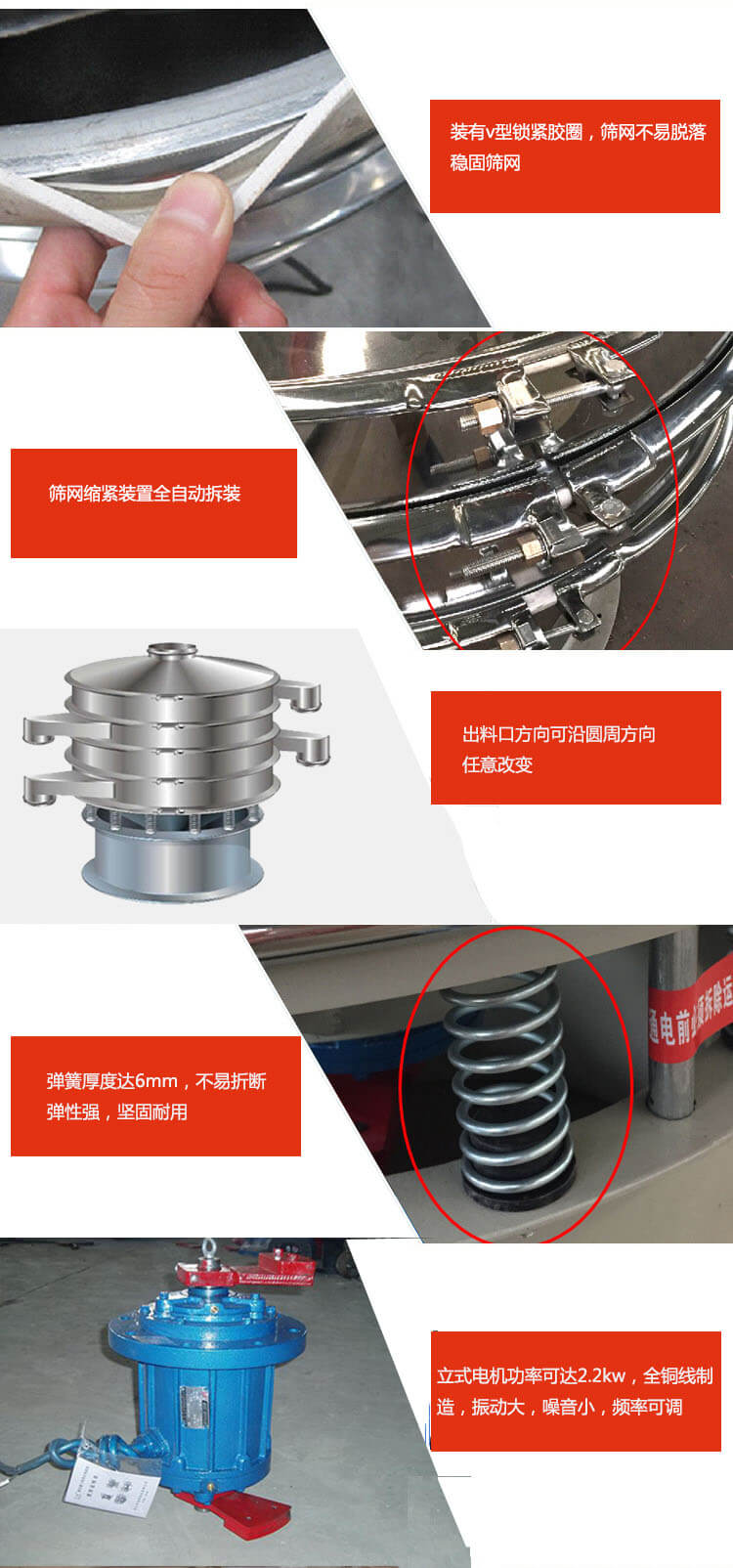 裝有V型鎖緊膠圈，使篩網(wǎng)不易脫落穩(wěn)固篩網(wǎng)，篩網(wǎng)鎖緊裝置，全自動拆裝，出料口方向可沿圓周方向任意改變。彈簧厚度達(dá)6mm，不易折斷，彈性強，堅固耐用。專業(yè)的振動電機，全銅線制造，振動大，機械噪音小，頻率可調(diào)。產(chǎn)品對比:材質(zhì)：大漢振動篩廠家采用304不銹鋼材質(zhì)耐腐蝕性，耐熱性強。個別廠家采用其它金屬材質(zhì)，耐腐蝕性，耐熱性差蒸發(fā)緩慢，烘干效率較低。大漢振動篩廠家采用金屬編織網(wǎng)，篩分精度高，效率高，篩網(wǎng)利用率高。