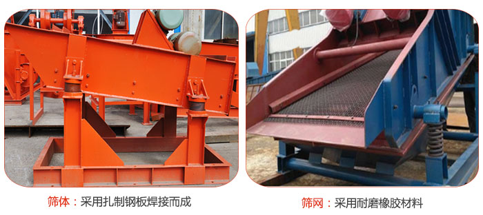 礦用振動(dòng)篩特點(diǎn)：篩體采用扎制鋼板焊接而成，篩網(wǎng)采用耐磨橡膠材質(zhì)