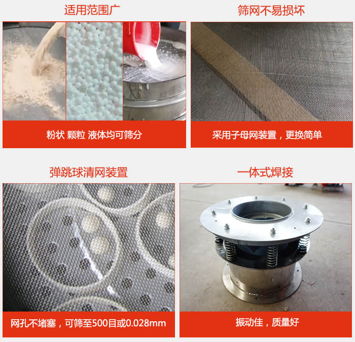 食品振動(dòng)篩特點(diǎn)：1，效率高？：效率高，設(shè)計(jì)精巧耐用，任何粉類，粘液軍可篩分。2，操作簡單采用優(yōu)質(zhì)材料，換網(wǎng)容易，操作簡單，清洗方便。3，網(wǎng)孔不堵塞粉末不飛揚(yáng)，可篩至500目或0.028mm4，精細(xì)做工產(chǎn)品經(jīng)過嚴(yán)格加工程序，做工精細(xì)美觀耐用。5，獨(dú)特網(wǎng)架設(shè)計(jì)篩網(wǎng)使用時(shí)間長久，換網(wǎng)只需3-5分鐘。