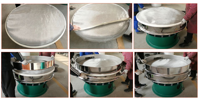 食品振動(dòng)篩網(wǎng)安裝步驟3，將密封圈安裝到網(wǎng)架周圍，將篩框放到網(wǎng)架上，并利用束環(huán)將上下兩層篩框固定在一起。