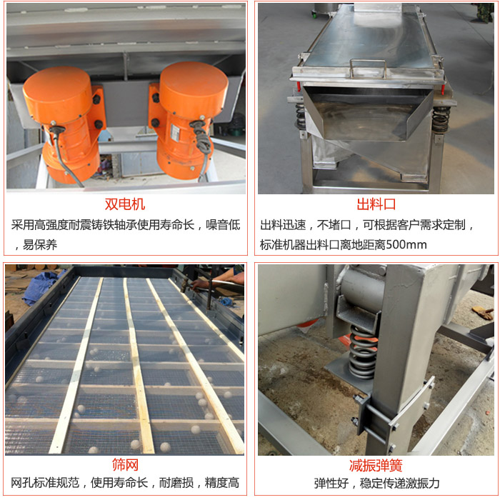線振動篩配件優(yōu)勢：雙電機(jī)采用高強(qiáng)度耐震鑄鐵軸承使用壽命長，噪音低，易保養(yǎng)，出料口：出料迅速，不堵口，可根據(jù)客戶需求定制標(biāo)準(zhǔn)機(jī)器出料口離地距離500mm。篩網(wǎng)：網(wǎng)孔標(biāo)準(zhǔn)規(guī)范，使用壽命長，耐磨損，精度高。減震彈簧彈性好，穩(wěn)定傳遞激振力。