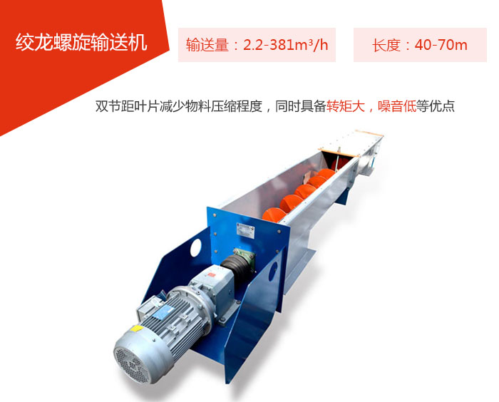 絞龍螺旋輸送機輸送量：2.2-381m3/h 長度：40-70m 雙節(jié)距葉片減少物料壓縮程度，同時具備轉(zhuǎn)矩大，噪音低等優(yōu)點。