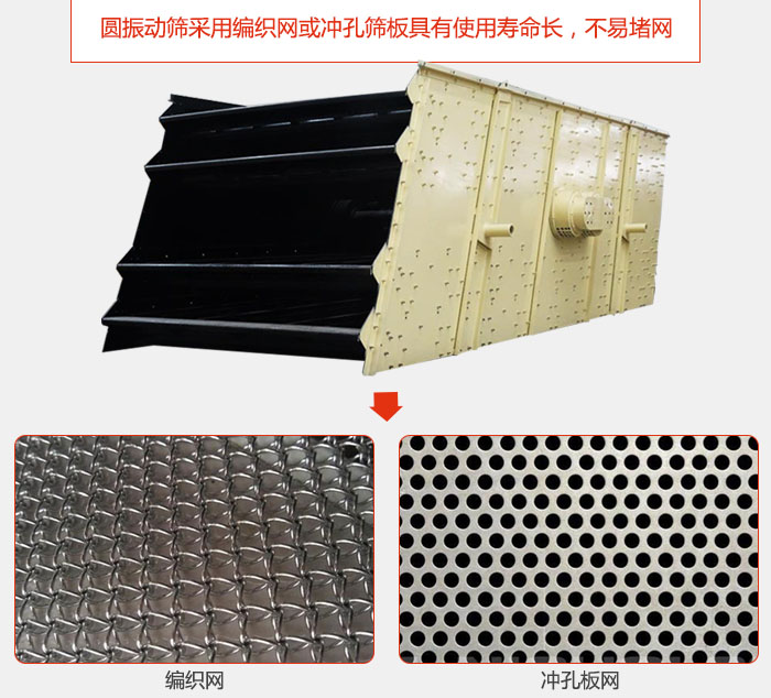 圓振動(dòng)篩采用編織網(wǎng)或沖孔篩板具有使用壽命長(zhǎng)，不易堵網(wǎng)。