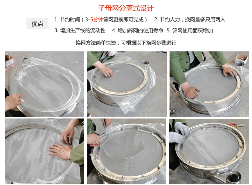 大漢振動機械換網(wǎng)優(yōu)勢：1，節(jié)省時間（3-5分鐘篩網(wǎng)更換即可完成）2，節(jié)省人力，換網(wǎng)只有兩人。3.增加生產(chǎn)線的流暢性。4.增加篩網(wǎng)壽命，彈跳球不直接撞擊子網(wǎng)。5.篩網(wǎng)使用面積增加。