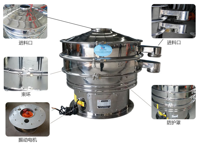 全不銹鋼振動篩細節(jié)：束環(huán)，進料口，出料口，振動電機，防護罩等。