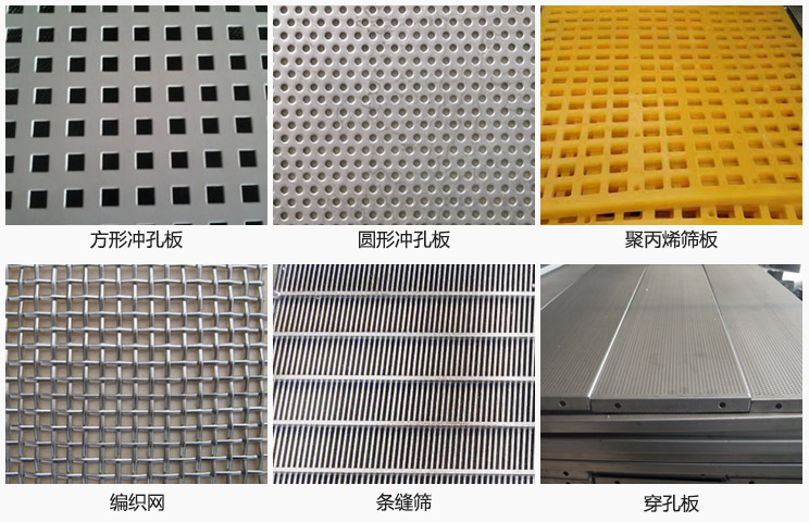 直線(xiàn)振動(dòng)篩篩網(wǎng)分方形沖孔板，圓形沖孔板，聚丙烯篩板，編織網(wǎng)，條縫篩，穿孔板等。
