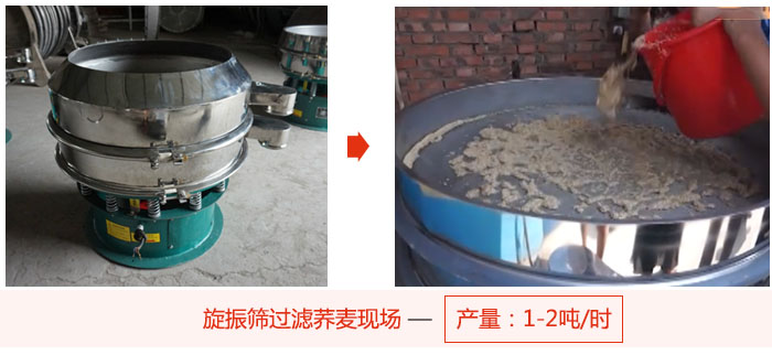 旋振篩過濾蕎麥現(xiàn)場(chǎng)，產(chǎn)量可達(dá)2噸每小時(shí)。
