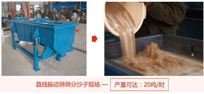 直線振動(dòng)篩篩分沙子現(xiàn)場(chǎng)展示，產(chǎn)量高達(dá)20噸每小時(shí)。