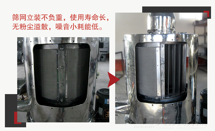 氣流篩采用立式篩網(wǎng)，不受物料的沖擊力的影響，篩網(wǎng)使用壽命長