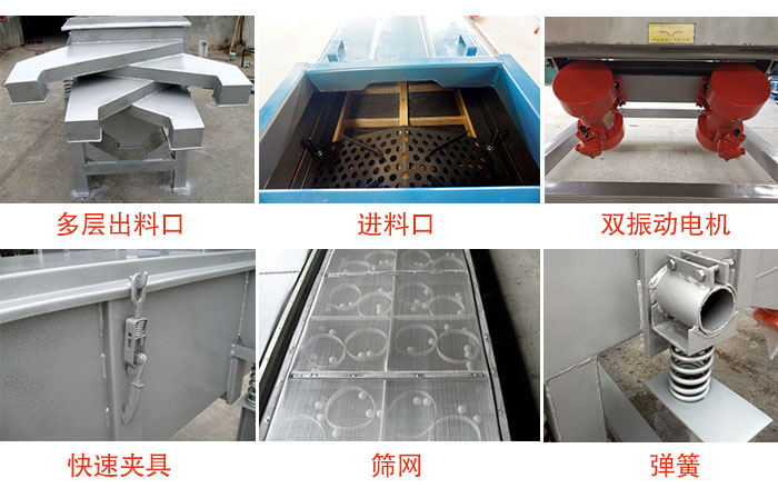 多層直線振動篩出料口，篩網(wǎng)，彈簧，快速夾具，振動電機(jī)等
