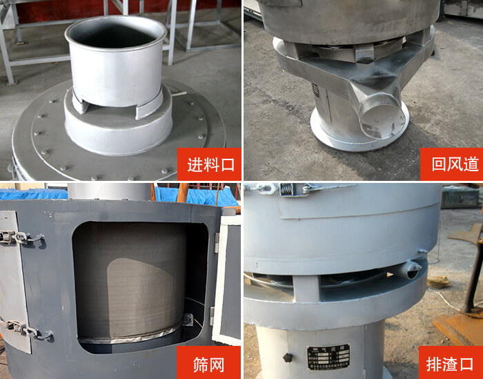 氣流篩分機進料口，回風道，篩網(wǎng)，排渣口。