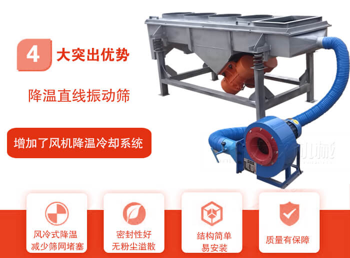 降溫直線(xiàn)振動(dòng)篩性能特點(diǎn)：1，技術(shù)成熟，質(zhì)量可靠，篩分精度高，處理量大。2，風(fēng)冷式降溫系統(tǒng)設(shè)計(jì)，快速有效降溫。3，適用范圍廣，可應(yīng)用于各種需要降溫的物料。4，設(shè)計(jì)精巧合理，結(jié)構(gòu)簡(jiǎn)單，易安裝，耗能少，噪音低5，篩網(wǎng)使用壽命長(zhǎng)，換網(wǎng)更方便，快捷6，設(shè)備整體密封性好，無(wú)粉塵溢散。