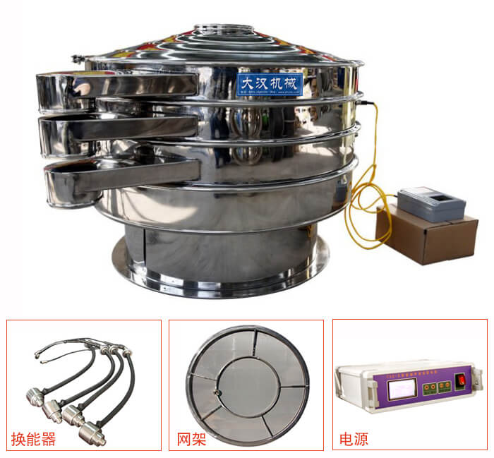  全不銹鋼超聲波振動篩內(nèi)部組成：換能器，網(wǎng)架，電源。