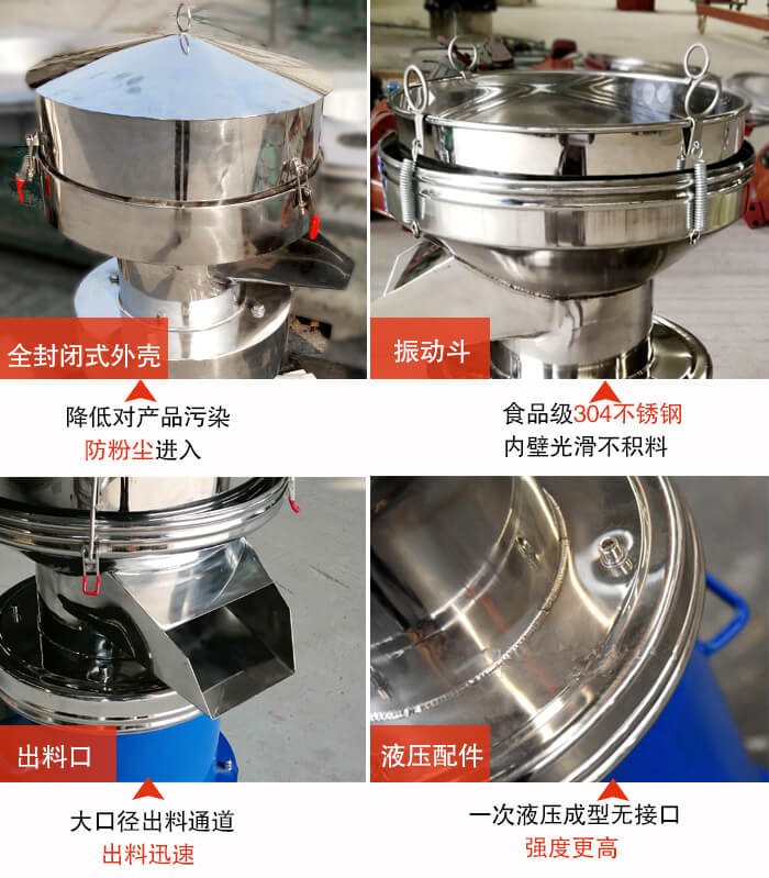 450過(guò)濾篩機(jī)結(jié)構(gòu)組成：全封閉式外殼設(shè)計(jì)：對(duì)產(chǎn)品的污染低，防塵粉進(jìn)入電機(jī)內(nèi)部延長(zhǎng)設(shè)備壽命。振動(dòng)斗：食品304不銹鋼篩斗，內(nèi)壁光滑不存在積料現(xiàn)象。出料口，大口徑出料通道，出料迅速，提高工作效率。液壓配件：一次液壓成型無(wú)接口強(qiáng)度更高。