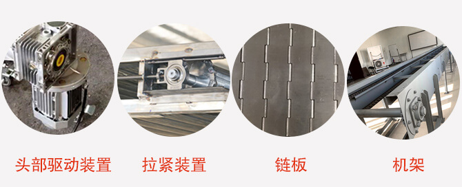 鏈板輸送機(jī)結(jié)構(gòu)：頭部驅(qū)動(dòng)裝置，拉緊裝置，鏈板，機(jī)架等圖片展示