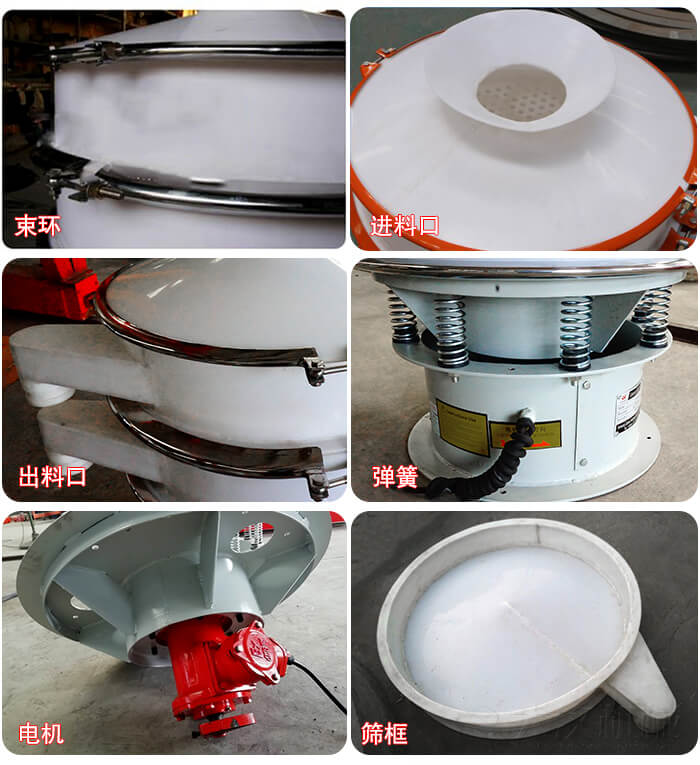 塑料防腐蝕振動(dòng)篩細(xì)節(jié):進(jìn)料口，框體，網(wǎng)架底框，出料口等。