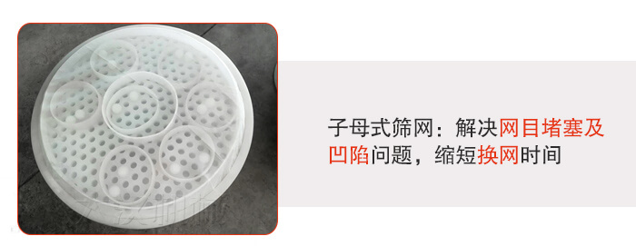 塑料防腐蝕振動(dòng)篩采用子母扣式網(wǎng)架可安裝彈跳球進(jìn)行清網(wǎng)，解決篩網(wǎng)堵塞問(wèn)題。