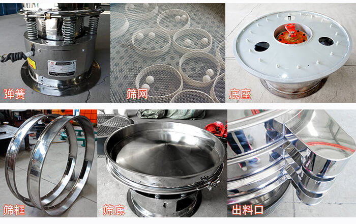 細節(jié)展示：篩框，篩網(wǎng)，振動底座，振動體，出料口。