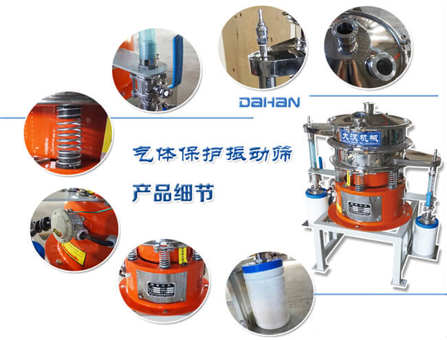 氣體保護(hù)振動篩細(xì)節(jié)：振動彈簧，手動閥門，料罐等。